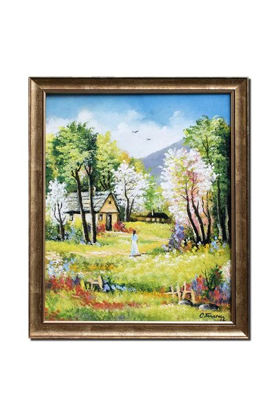 artnova Tablou inramat peisaj cu copaci infloriti pictat manual, O zi minunat...