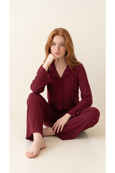 Arzey Burgundy Oversize Viscose Long Sleeve Buttoned Front Women's Pajama Set