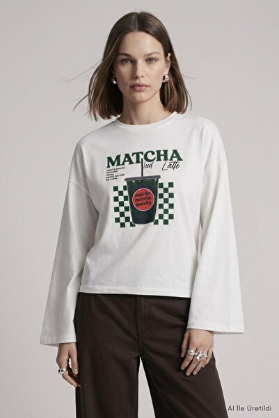 Rays Μπλούζα με στάμπα Matcha, φαρδιά μανίκια, oversize, 31153 Εκρού
