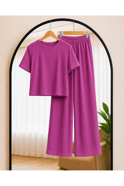 Hepsi Moda Fitilli Kısa Kollu Pantolonlu Takım - Hpm - Pembe
