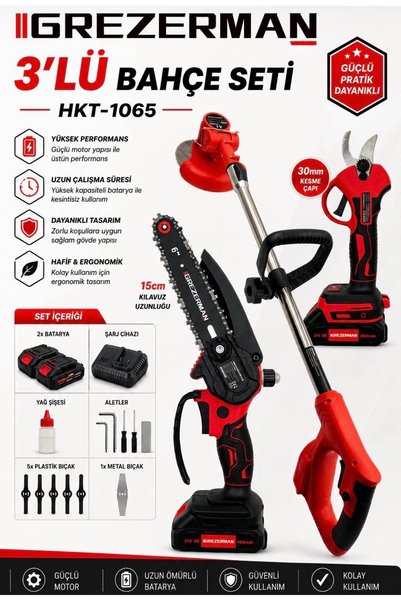 GREZERMAN 3 lü şarjlı set tırpan testere makas