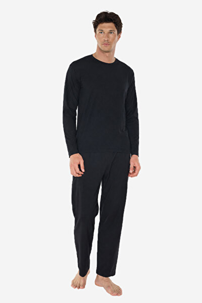 Malabadi Men's Black Crew Neck Micro Modal Extra Soft Winter Pajama Set 6032