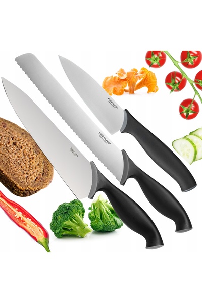 FiSKARS SET 3 CUȚITE DE BUCĂTĂRIE PENTRU TĂIAT PÂINE, FELIAT ȘI PREPARAT (CUȚ...