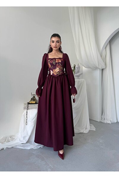 Ayzde Fashion Vintange Uzun Kollu Tasarım Şık Uzun Elbise-01048