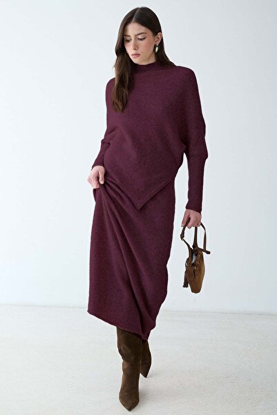 Olcay Asymmetrical Cut Casual Sweater Knitwear Double Set Mürdüm 9489-Tk