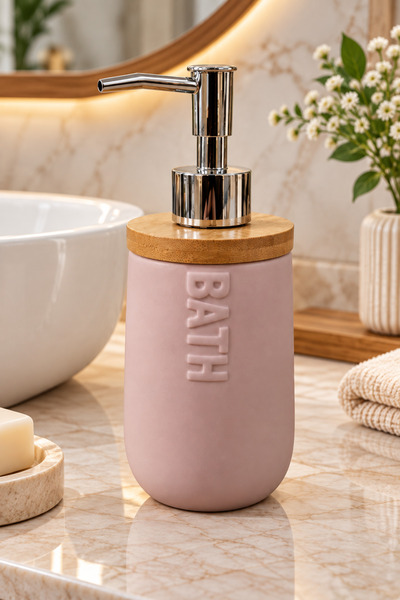 MAKRİ HOME Ceramic Liquid Soap Dispenser with Bamboo Lid 460 ml 8.5X20 cm Powder