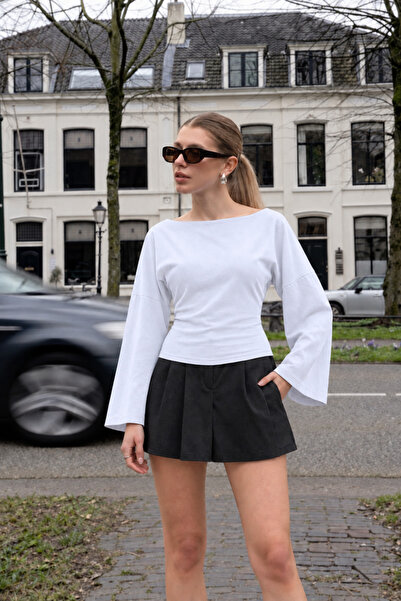 COMBİNE MİCHAİL Boat Neck Wide Sleeve White Women's Blouse