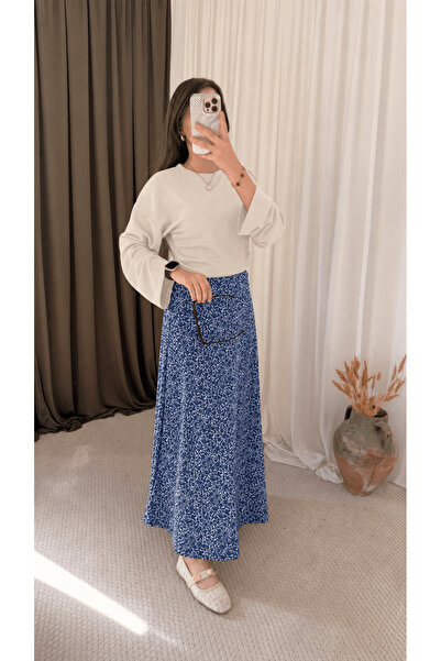 Hepsi Moda Çıtır Çiçek Desen Fitilli Kloş Etek - Lacivert