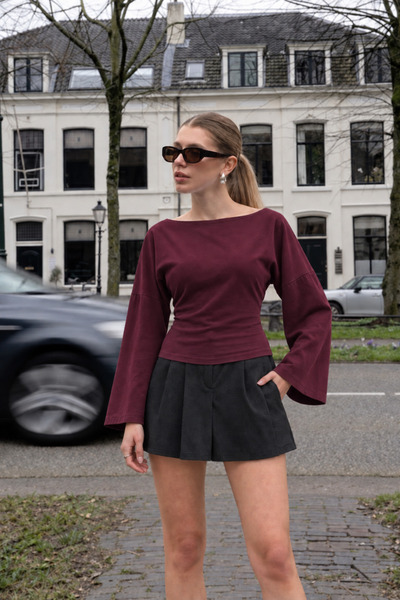 COMBİNE MİCHAİL Boat Neck Wide Sleeve Burgundy Women's Blouse