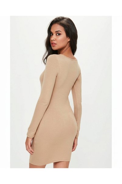 Merlot Long Sleeve Viscose Bodycon Dress Beige