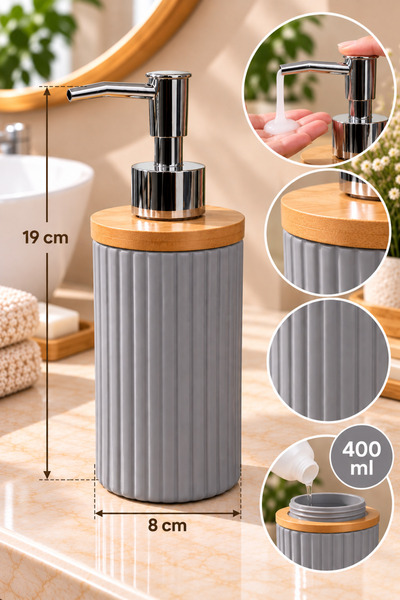 MAKRİ HOME 400 ml Liquid Soap Dispenser with Bamboo Lid, Patterned Ceramic, Black Cream Gray Powder Pink, 8X19 cm