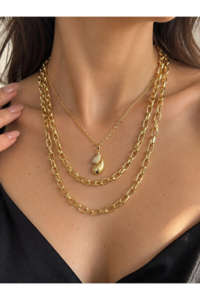 ANKA JEWELLRY KADIN 14K ALTIN KAPLAMA 3’LÜ KOLYE SETİ – DAMLA DETAYLI ZİNCİR ...