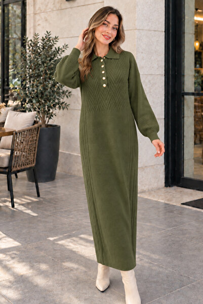 benguen Collared Buttoned Knitwear Dress K3072 Khaki