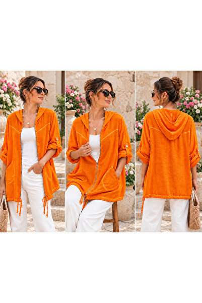 AGORATEKSTİL Women's Washed Cotton Fabric Capri Sleeve Folded Zipper Hooded J...