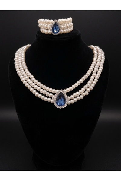 SEVA'S BİJUTERİ Women's Sapphire Color Drop Stone 3 Row Majorca Pearl Jewelry...