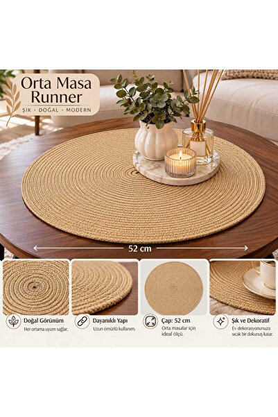 Yuvarlak Örgü Orta Masa Runner 52 cm – Dekoratif Masa Örtüsü – Şık ve Modern Tasarım