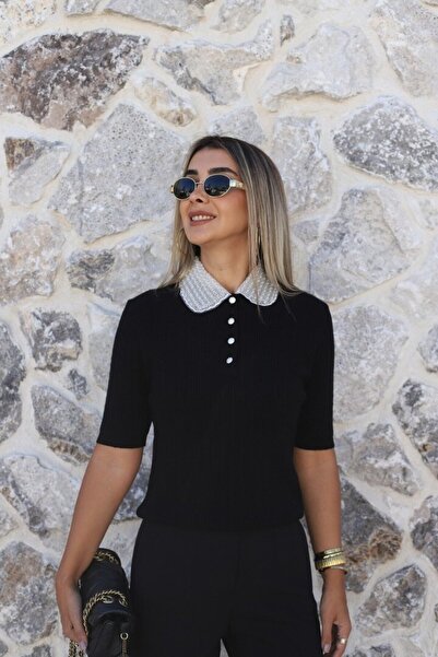 bytugcekaya Siyah Standart Beden Yaka Taşlı Bluz