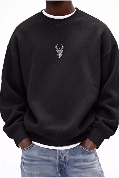Erkek Siyah Geyik Baskılı Kalın Soft 3 İplik içi Şardonlu 0 Sıfır Yaka Oversize Salaş Sweatshirt