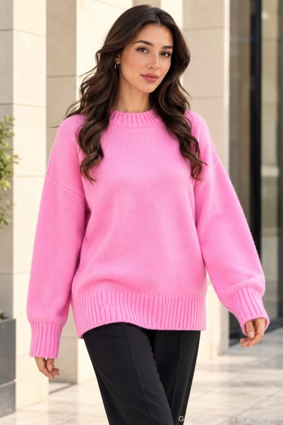 Polo State Kadın Oversize Bisiklet Yaka Basic Triko Kazak - Pembe