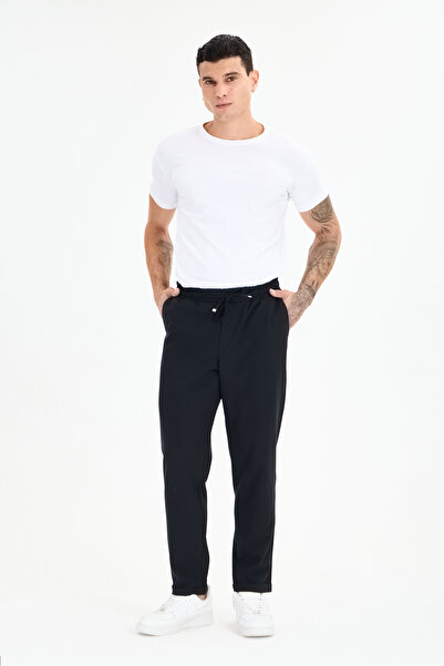 ERKEK SİYAH BELİ LASTİKLİ BAĞCIKLI DUBLE PAÇA JOGGER RELAXED FİT PANTOLON