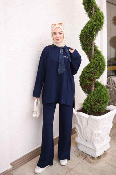 İmajButik Navy Blue Tunic Pantsuit with Scarf Detail