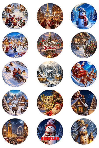Bimotif Karışık Yılbaşı Sticker Seti, Büyük Boy (4cm) - 150 adet (10 sayfa) -...