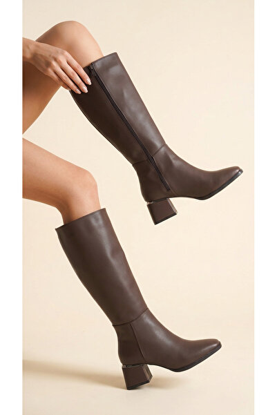 Moda Lime Women's Below the Knee Cream Heeled Shiny Detailed Zippered Leather...