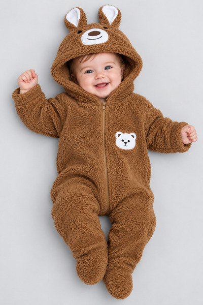 caddekids Ayıcık Figürlü Welsoft Peluş Kapüşonlu Fermuarlı Kışlık Bebek Astro...