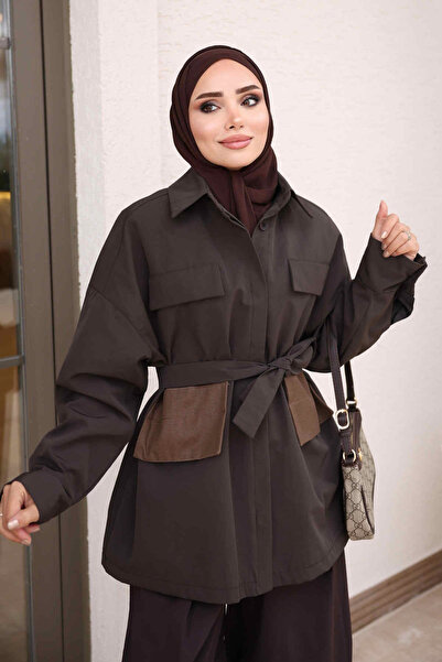 İmajButik Brown Buttoned Lined Short Trench Coat