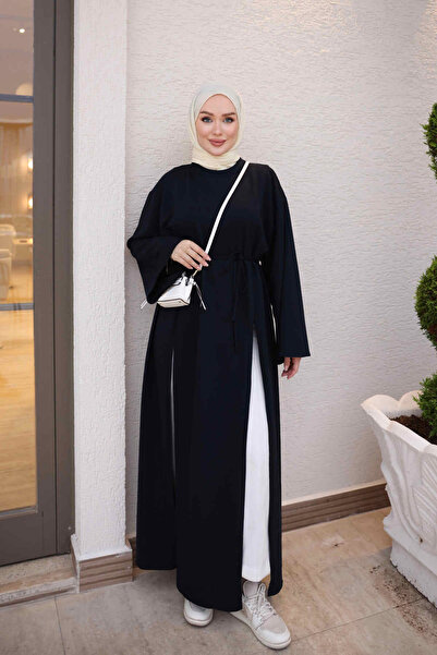 İmajButik Lacivert Bel Bağlamalı Yırtmaçlı Uzun Tunik
