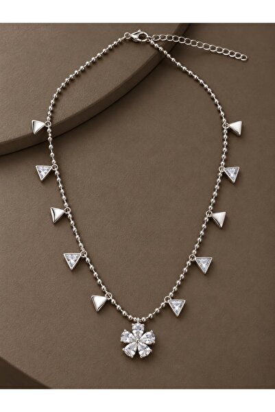 serelya Brass Silver Color Zircon Stone Flower Model Women's Necklace