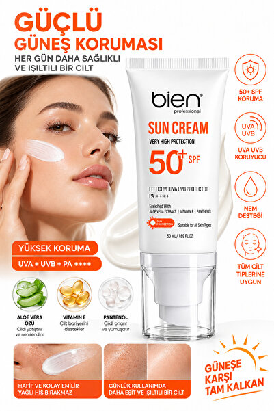 Bien Professional Sun Cream SPF 50+ PA++++ 50 ml – Aloe Vera, Vitamin E ve Panthenol İçerikli Güneş Koruyucu Krem