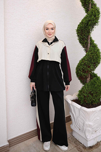 İmajButik طقم تونيك أسود بسحّاب وقلنسوة مع بنطلون