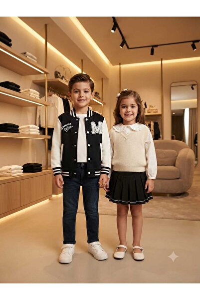 ALİSS ALİŞŞ BEBE Erkek Çocuk Siyah Beyaz Baskılı Çıtçıtlı Kolej Ceket Mont