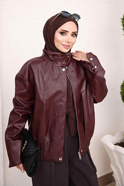 İmajButik سترة جلدية بياقة عالية وسحاب أمامي باللون العنابي