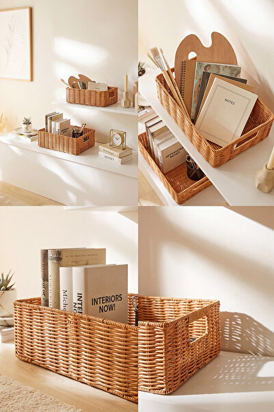 Ocean Home Textile 2'li Yıkanabilir Bej PP Rattan Dolap İçi Çamaşır Çocuk Odası Oyuncak Düzenleyici Saklama Sepeti Organizer 33x23x11/ 39x29x13