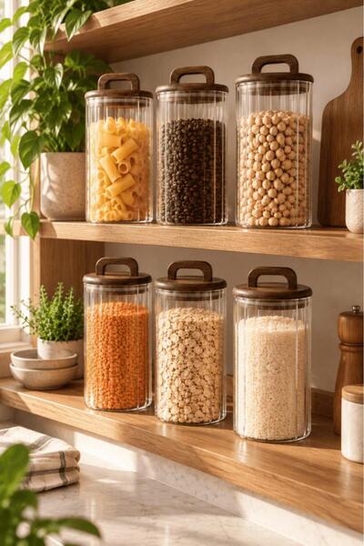 Atbyhome 6'lı Akasya Ahşap Kapaklı Çizgili Cam Kavanoz Seti 1250 ml - Vakumlu...