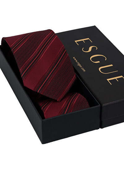 Esgue Hand Made 8 cm Striped Pattern Red Claret Red Color Handkerchief Tie
