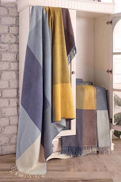 Bayev Yellow Gray Tones Cotton Scotch Plaid Blanket Double Size 200X220