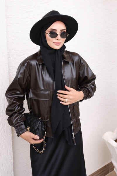 İmajButik Brown Leather Jacket with Elastic Sleeves and Waist