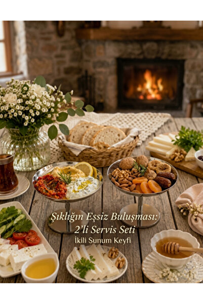 SEVA ÇELİK GÜMÜŞ RENK 2'Lİ SUNUM STANDI - LÜX VE ŞIK DEKORATİF SUNUM STANDI