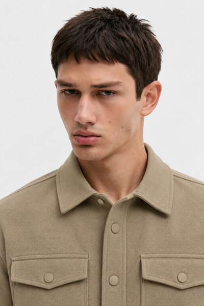 Manche Olive Pocketed Snap Fastener Regular Men's Shirt Jacket |   Mew1210319-1