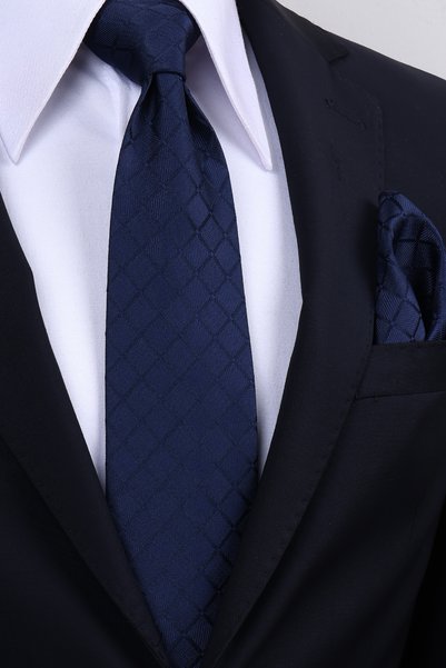 Esgue Hand Made 8 cm Plaid Pattern Navy Blue Color Handkerchief Tie