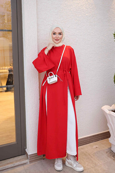 İmajButik Kırmızı Bel Bağlamalı Yırtmaçlı Uzun Tunik