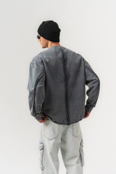 go gang own Panelcore Washed Oversize Crew Neck Men's Sweatshirt with Stitching Detail