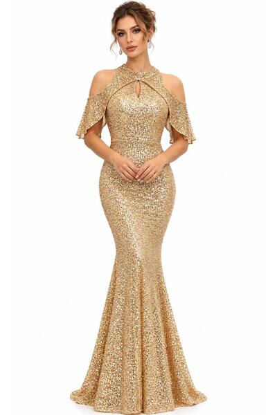 elissaa Halter yaka pul payet abiye elbise