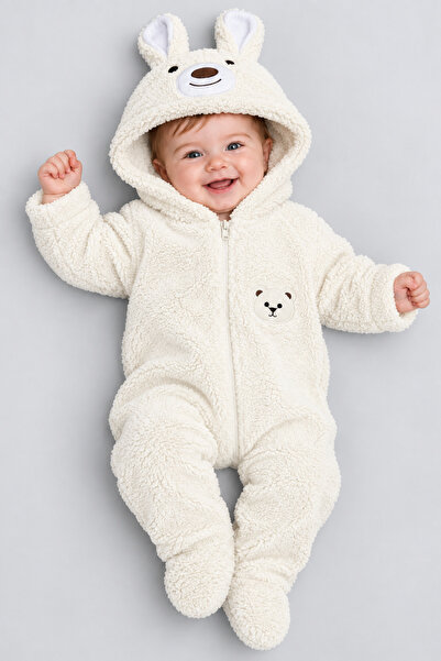 caddekids Ayıcık Figürlü Welsoft Peluş Kapüşonlu Fermuarlı Kışlık Bebek Astro...