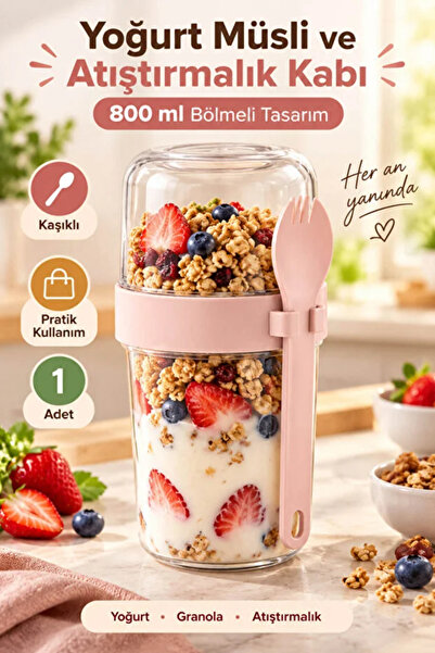 AYGÖREN HOME 800 ml Bölmeli Yoğurt Müsli Atıştırmalık Kabı Kaşıklı Granola Sn...