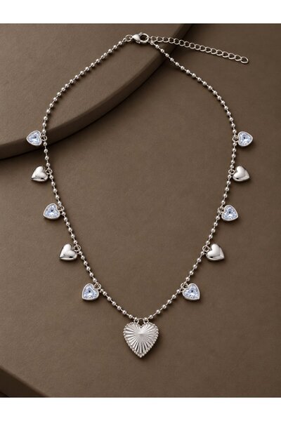 serelya Brass Silver Color Heart Model Women's Necklace