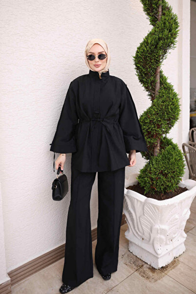 İmajButik Black Waist Tie Button Detailed Tunic Trouser Set
